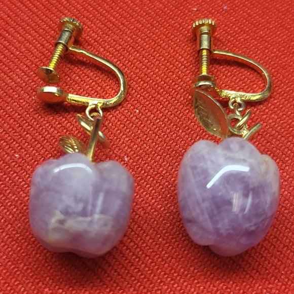 Vintage Amethyst Apple Purple Gemstone Earrings Gold Tone Adjustable Screw Earr - Picture 3 of 11
